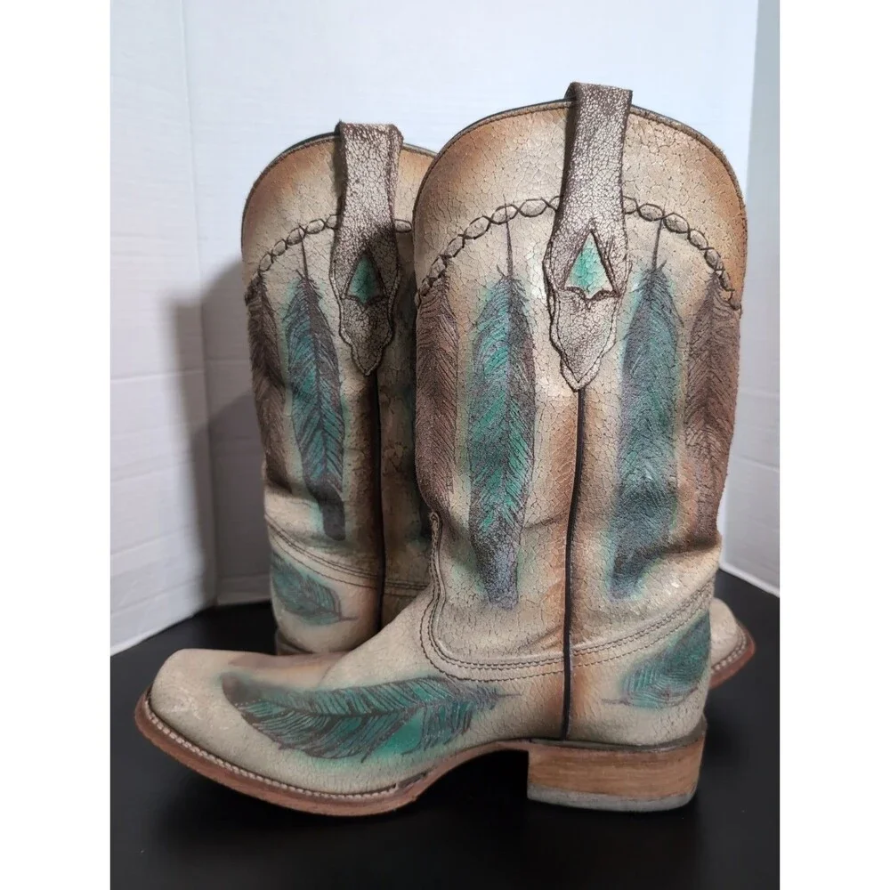 CORRAL SAND/TEAL   CRACKEL & FEATHER SQUARE TOE COWBOY BOOT MEN'S SIZE 12M EUC